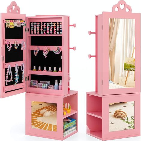 Mobiletto portagioie 4 in 1 per bambini 34 x 30 x 117 cm con specchio a figura intera appendiabiti design moderno in MDF rosa 200009913