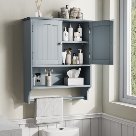 Armoire murale de salle de bain 56.8x19x70 cm gris clair en MDF avec portes, étagères réglables et porte-serviettes (1/5)
