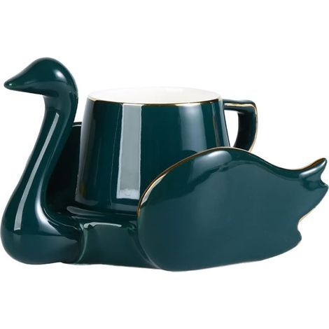 Ensemble tasse à café et sous-verre en céramique avec cygne, idéal pour la maison et la cuisine (vert). (1/5)