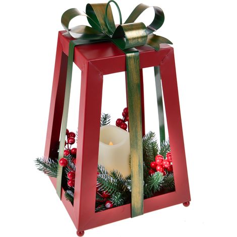 Lanterna con candela e fiocco in metallo e plastica per decorazioni natalizie -H - 36 cm (1/4)