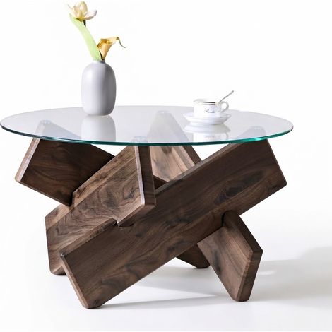 ELVMI Runder Couchtisch mit Glasplatte und Kreuzgestell, für Wohnzimmer, aus MDF, Transparent und Walnussfarben (1/5)