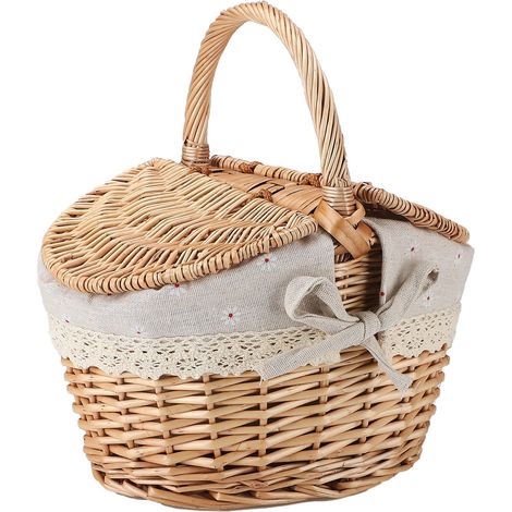 Grand Panier de Picnic en Rotin - Panier de Stockage Large avec Double Couverture et Poignée - 26x18x14cm - Linen Cotton