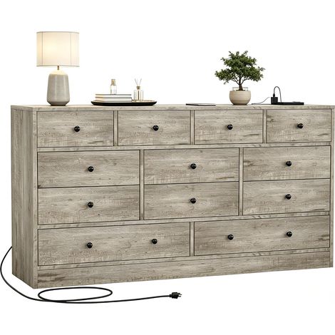 Meuble de rangement PB+MDF à 12 tiroirs, station de charge et socle inclus, commode large pour la maison, 155x40x80 cm (1/5)