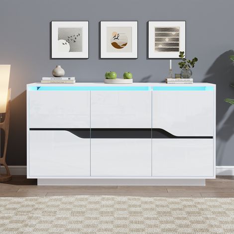 Meuble bas de salon 1404070 cm, buffet avec 3 portes, meuble polyvalent avec cloisons réglables, large rangement fermé sans poignées, meuble d'appoint brillant avec LED, blanc+noir (1/5)
