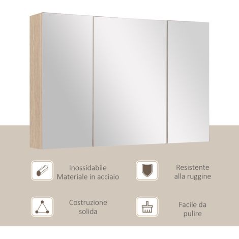 Miroir de salle de bain avec armoire 3 portes, fermeture amortie, 90x13.5x60 cm, étagères ajustables en bois et verre, finition bois. (1/5)