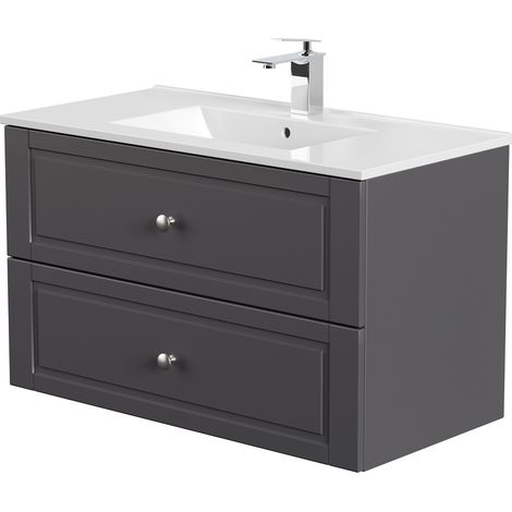 Waschtisch mit Waschbecken anthrazit Seidenglanz COLOMA-02 Badmöbel im Landhausstil, B/H/T: ca. 91/55,8/46,5 cm (1/5)