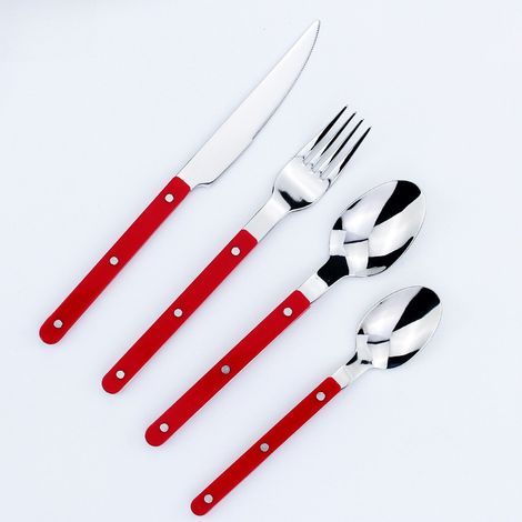 Französisches Besteckset, vierteiliges Set, Steakmesser, Gabel und Löffel aus Edelstahl für Bistros, Restaurants und den privaten Gebrauch. (1/4)