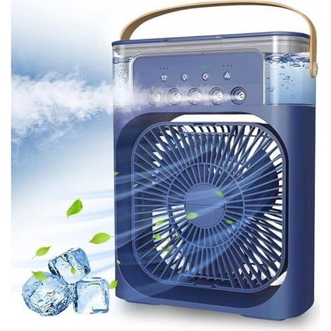 Mini ventilateur de climatisation,rechargeable par USB,avec pulvérisation d'eau,minuterie d'arrêt automatique,LED 7 couleurs,bleu (1/4)