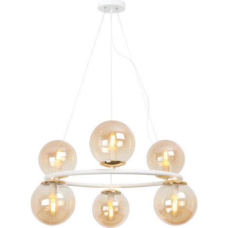 AURA WEISS-GOLD HÄNGELAMPE 6 FLACHE HONIGFARBIGE LAMPENSCHIRME E14 (1/5)