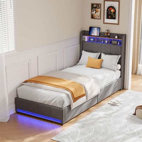 Letto singolo 90x200 cm con cassetti, testiera contenitore, LED integrati e porte USB/Type-C, in lino, grigio