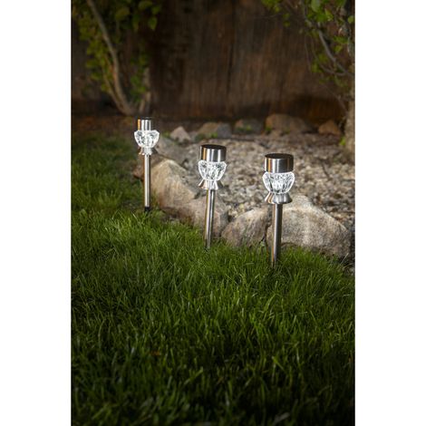 Balise solaire inox 36 cm, à planter ou poser, lumière blanche et verre sculpté façon cristal (1/4)