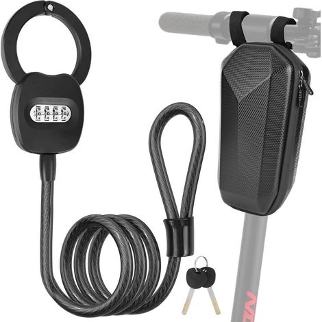 E-Scooter Schloss mit Zahlencode und 4L Tasche, 150cm Kabelschloss, schnittfest, schwarz
