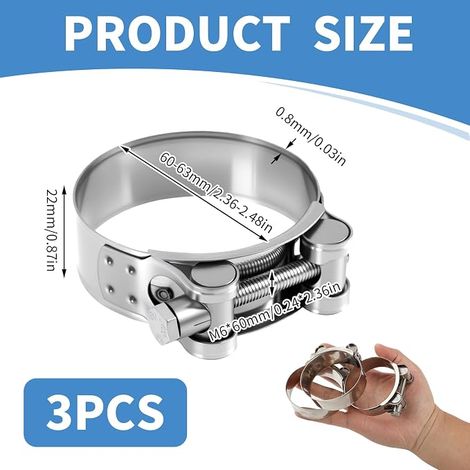 Collier Echappement 60-63mm, Acier Inoxydable 304, Moto Collier de Serrage Tuyau d'échappement, Ventilation et Raccords Tubulaires, Accessoires de Tuyaux D'échappement (1/4)