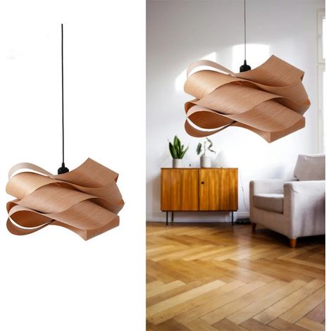 Suspension moderne JOYINLED en placage bois, lustre ondulé de 45 cm en chêne naturel, fabrication artisanale, douille E27, éclairage de plafond pour salon (1/5)