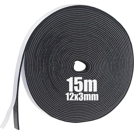 Joint Isolation pour Fenêtre Porte, Joint Adhésif en Mousse Caoutchouc, 12mm de Large x 3mm d'Épaisseurs x 15m de Long, Joint en Bande Calfeutrage Isolation Phonique Anti-Collision, Noir (1/5)