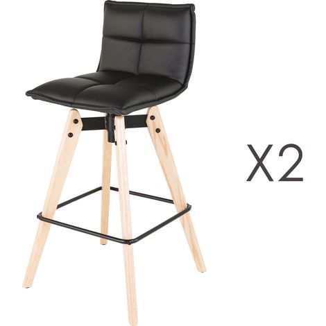 Lot de 2 chaises de bar en PU noir et pieds chêne - KALMAR