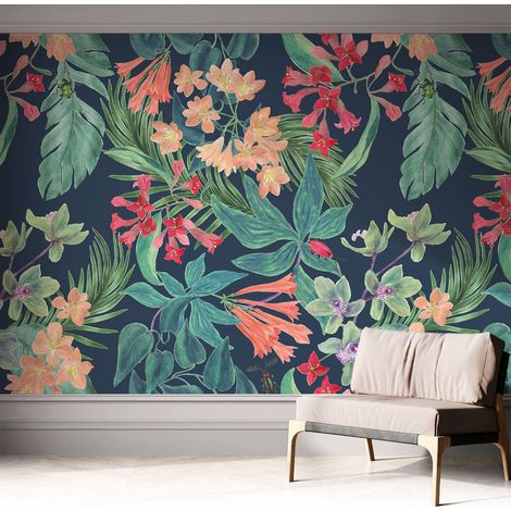Papier peint adhésif décoratif avec colle pour salon chambre et bureau Installation rapide Fleurs tropicales 312x219 cm (1/5)