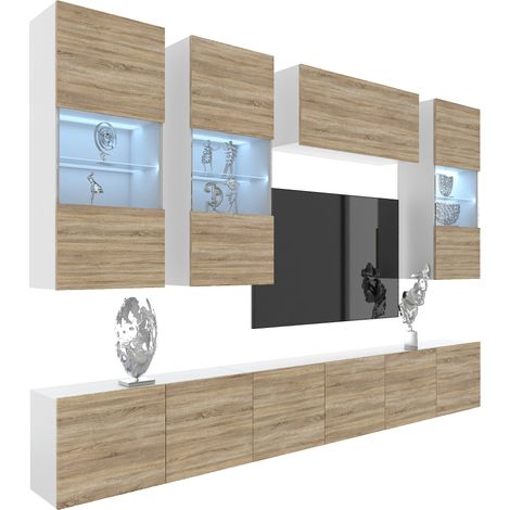 BELINI Meuble TV Mural Milano 5 300 cm - Suspendu avec Systeme Verin a Gaz - Chêne Sonoma Mat (1/4)