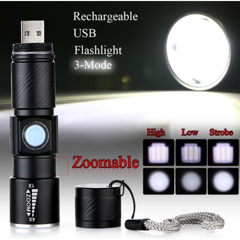 Mini lampe torche CREE Q5, rechargeable par USB, 2000 lumens, noire - AquaForge (1/5)