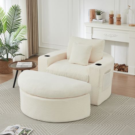 MODFU – Canapé lounge modulable velours côtelé – Repose-pieds séparables et porte-gobelet – Poches latérales et mousse/ressorts – Salon – Beige (1/5)