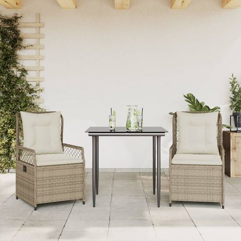 Salon de jardin avec table et 2 fauteuils inclinables en poly rotin beige, coussins inclus - PANGIVO (1/5)