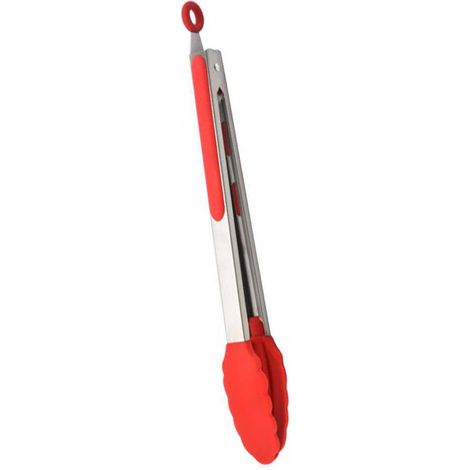 Pince à griller en acier inoxydable 430, longue et antidérapante, avec revêtement en silicone, idéale pour la cuisson au barbecue, les buffets et pour retourner les aliments (rouge). (1/5)