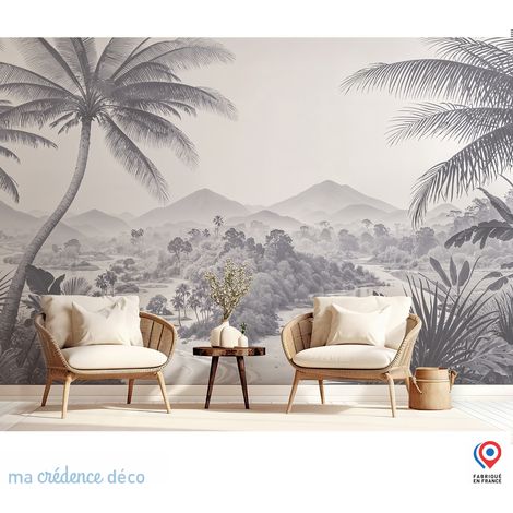 Papier peint : Palmiers, mer et montagnes 3 - Intissé - L.400 x H.280 cm - Vert émeraude (1/3)