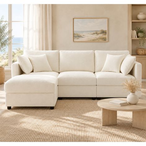 Sofá esquinero modular de chenilla beige de 3 plazas con puf - CHICFURN (1/5)