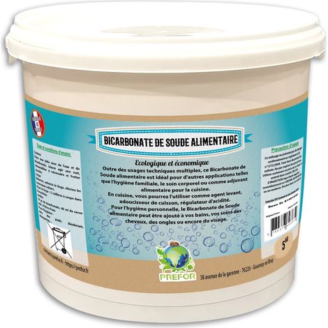 Prefor – Bicarbonate de soude alimentaire 5kg – Seau 5L – Nettoyant multi-usage pour hygiène et cuisine – Extra-fin et pur 99%