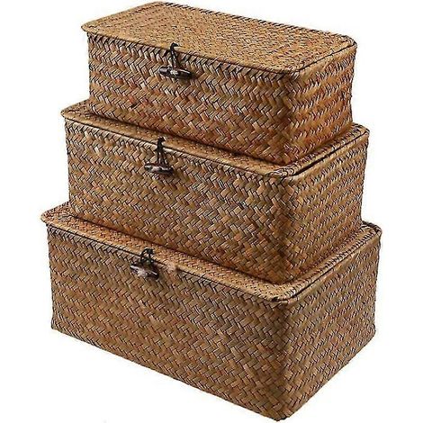 Panier de rangement en rotin et jonc de mer avec couvercle, 3 pièces (1/5)