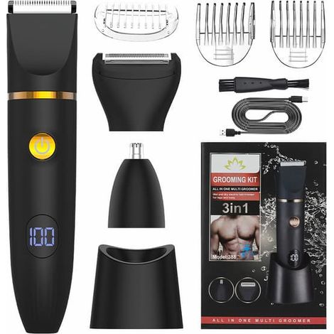 Tondeuse électrique unisexe 3 en 1 pour le corps et le visage : étanche IPX6, utilisable sur peau sèche ou humide, épilation indolore pour les zones sensibles, le maillot et les jambes, USB R Noir (1/5)