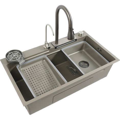 Fregadero de cocina en cascada de 80 x 45 cm, fregadero de cocina de acero inoxidable cepillado 304, fregadero de cocina con pantalla digital, fregadero de cocina con cesta de desagüe, cubeta de desag (1/5)