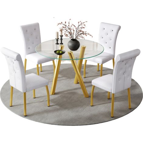 Set da pranzo 5 pezzi per 4 persone, tavolo in vetro temperato e 4 sedie bianche HOMVRA (1/5)