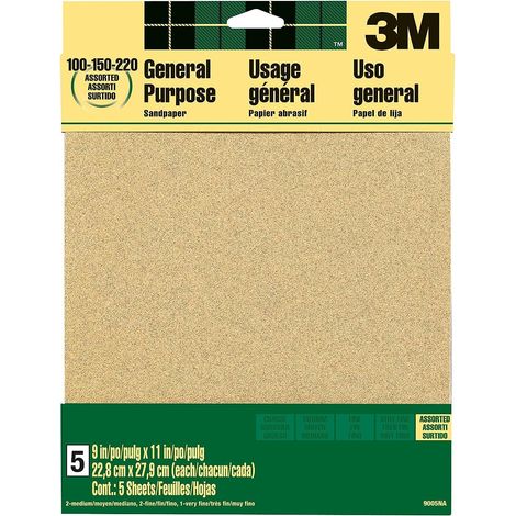 Papier Abrasif en Oxyde d'Aluminium, Assortiment de Grains, 9005NA, 22,8 cm x 27,9 cm, 5/Paquet (1/5)