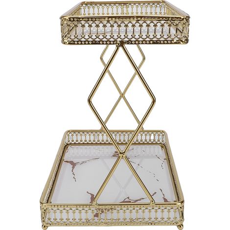 Étagère de rangement pour comptoir de salle de bain, gain de place, en fer et verre, à 2 niveaux, pour cosmétiques et parfums, blanche avec motifs dorés (1/5)