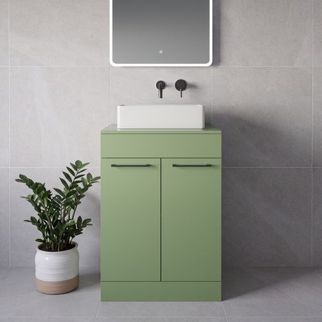 Napoli 460 Olive Green 600mm 2 Door Vanity Unit for Countertop Basins - 600mm - Gunmetal Grey 160mm Handle