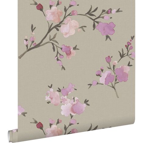 papier peint fleurs de cerisier taupe et violet - ESTAhome (1/5)