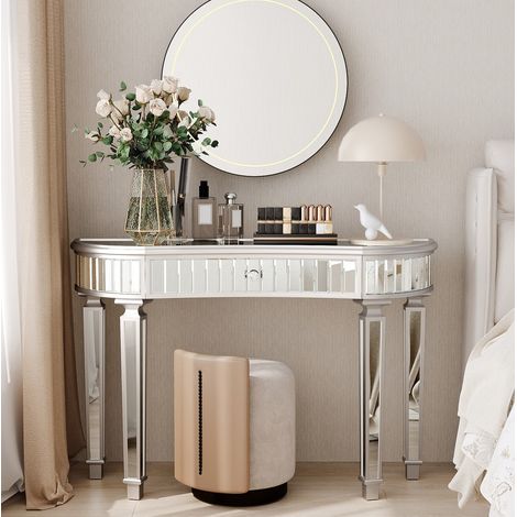 Tisch Konsole aus MDF und Spiegelglas 120 x 38 x 78 cm grau und silber mit Schublade, Halbmondform (1/5)