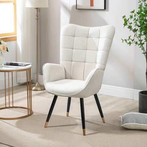 Meubles Cosy – Sillón relax escandinavo tapizado en tela beige – Estructura de metal negro y dorado – Asiento de madera contrachapada (1/5)