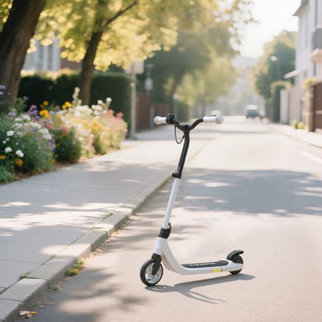 Patinete eléctrico, autonomía de 6 km, apto para mayores de 6 años, estructura de acero, blanco y negro, 76 x 53 x 95 cm. (1/5)