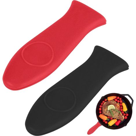 2 Pcs Support de Poignée Chaude en Silicone, Poignee Silicone Casserole, Manchons de Protection Antidérapants pour Les Poêles à Frire, Les Fours (Noir et Rouge) (1/5)