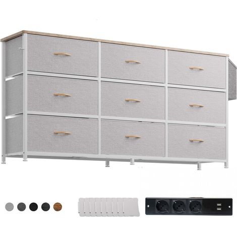 Commode 9 tiroirs tissu gris clair, meuble TV 43-65 pouces, avec poches latérales et étiquettes (1/5)
