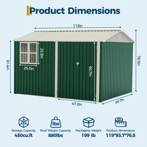 Abri Jardin Métal 8x10 FT(2,4x3,6m) - Cabane Rangement 450CUFT avec Fenêtre, Porte Verrouillable, Abri Outils Toit Incliné (Vert) (1/4)