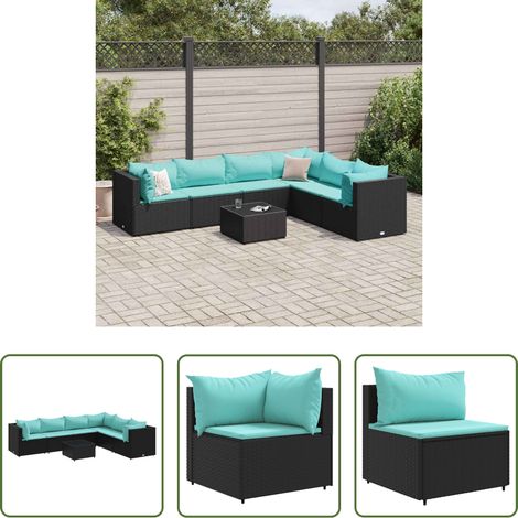 vidaXL Rattan - 7-tlg. Garten-Lounge-Set mit Kissen Schwarz Poly Rattan (1/5)