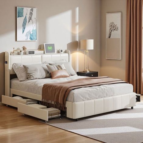 Letto Doppio 160x200 - Sommier Contenitore - 4 Cassetti - Porte USB Integrate - Design Minimalista