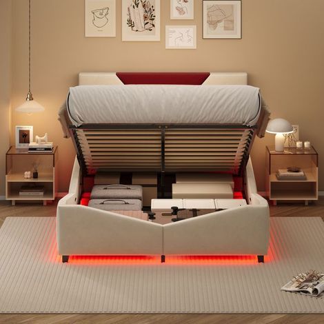 Cama doble - 160x200 - Cofre a pistón - Banda LED RGB controlable - Cabecera acolchada de terciopelo