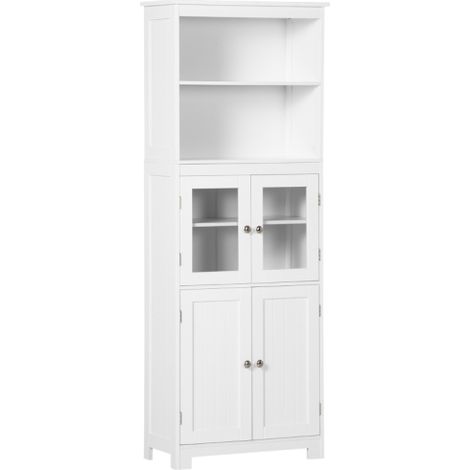 White Freestanding Kitchen Cupboard with 4 Doors, Adjustable Shelves, and Glass Doors for Dining Room and Living Room Storage