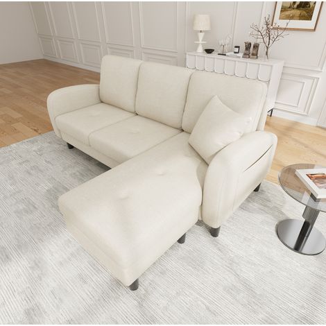 Ecksofa 3-Sitzer mit Liegefläche, Kunststofffüßen, in Baumwoll-Leinen-Stoff, beige, 166x118x77 cm (1/5)