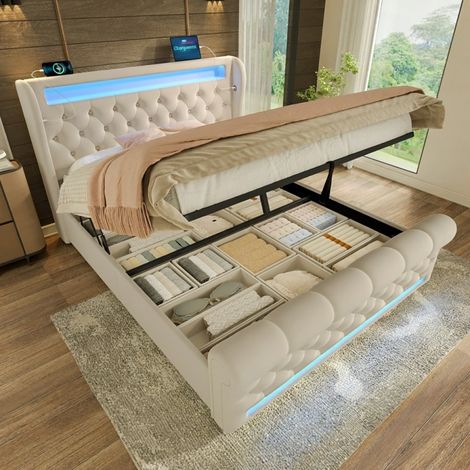Lit coffre 160x200 velours beige, LED, USB-C, tête de lit rangement, sans matelas