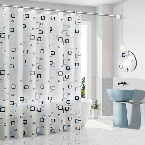 Anti-mold Shower Curtain 200 x 180 cm with Rings, Antibacterial Shower Curtain, No Washing Required, for Bathrooms, White with Blue Squares (1/5)